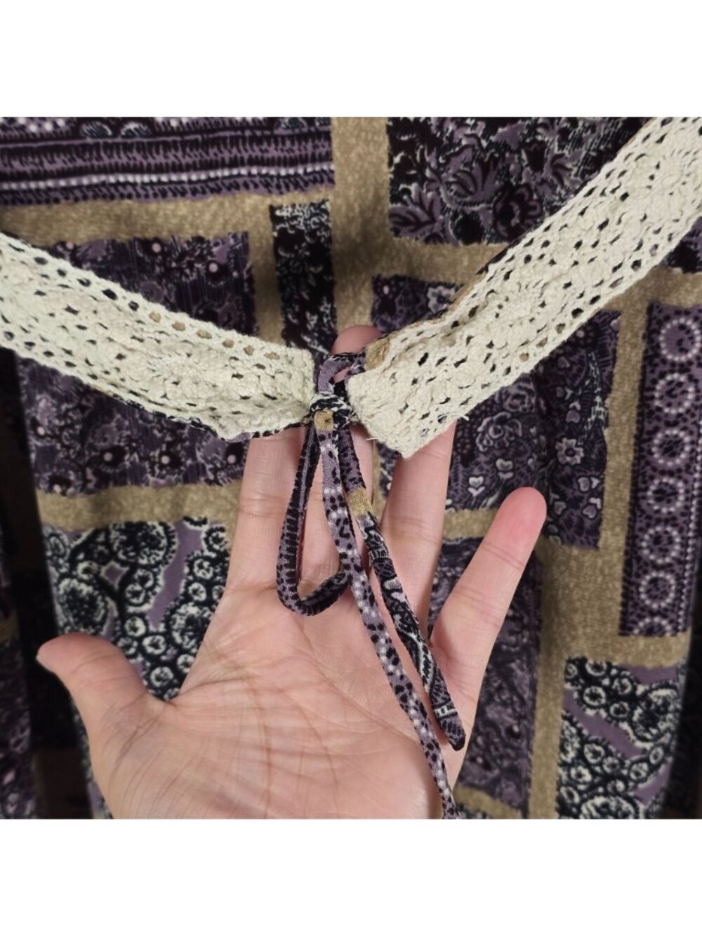 VTG INC Petite Womens Y2K Purple Tan Boho Cottage Crochet Trim Babydoll Top M - Picture 9 of 13